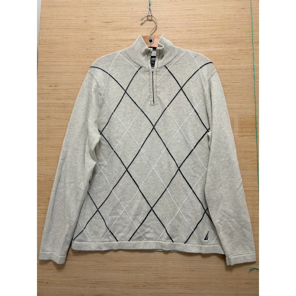 Nautica Mens Argyle Quarter Zip Sweater Gray Cotton Mock Neck Pullover Size M